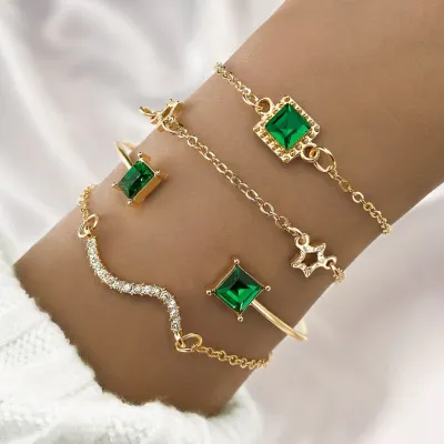 Geometric Square Green Zirconia Cuff Bracelet Set (4 pcs)